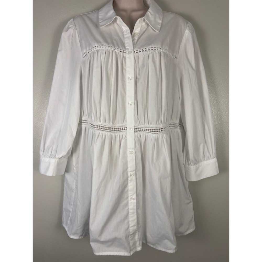 Cato‎ White Eyelet Lace Tunic Button Front Gathered Waist 3/4 Sleeve SZ L